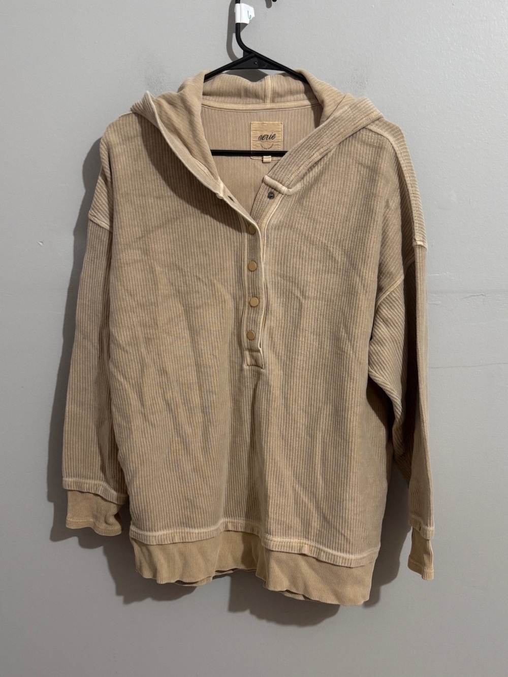Aerie Tan Ribbed Henley Hoodie Small Oversized Long Sleeve Pullover Sweatshirt
